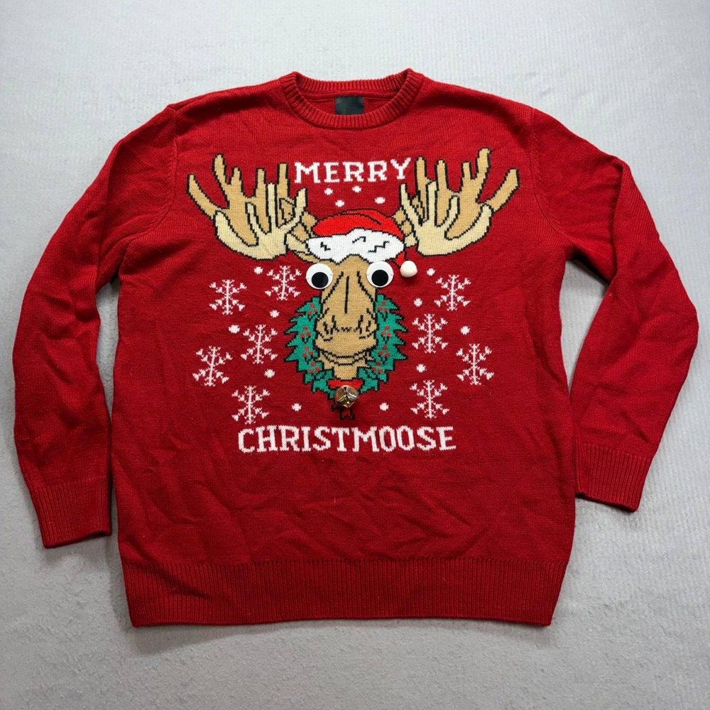 H&M Ugly Christmas Sweater Mens M Red Merry Christmoose Moose Googly Eyes Bell